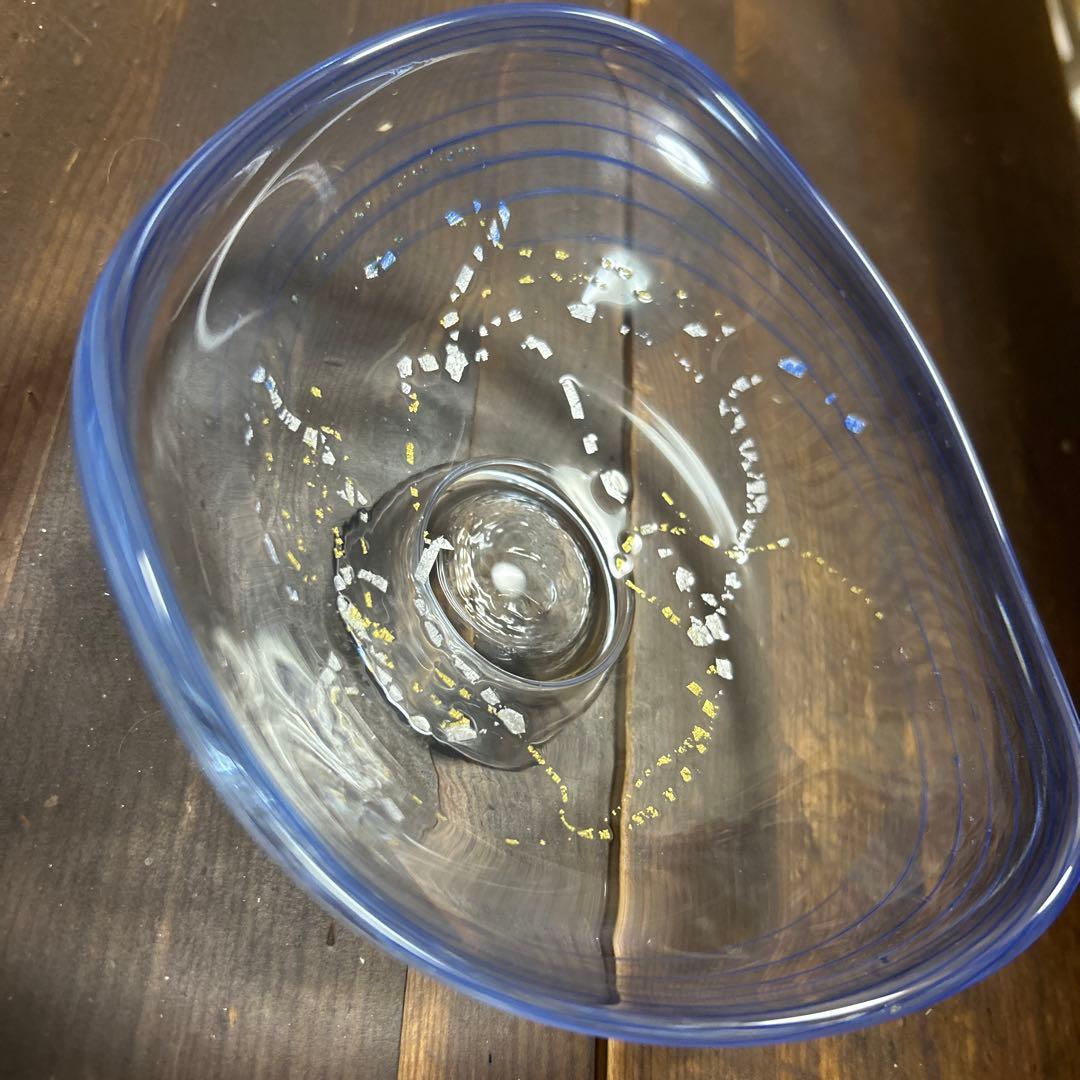 作家　ガラス作家　脚付皿　金彩銀彩　吹きガラス　刻印あり　作家物