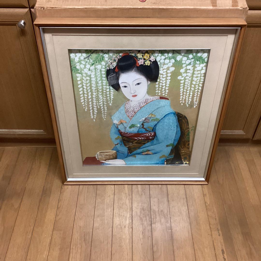 六代目歌川豊国作　　日本画板画　【　舞妓　野点茶図　】　木枠額装　手描き