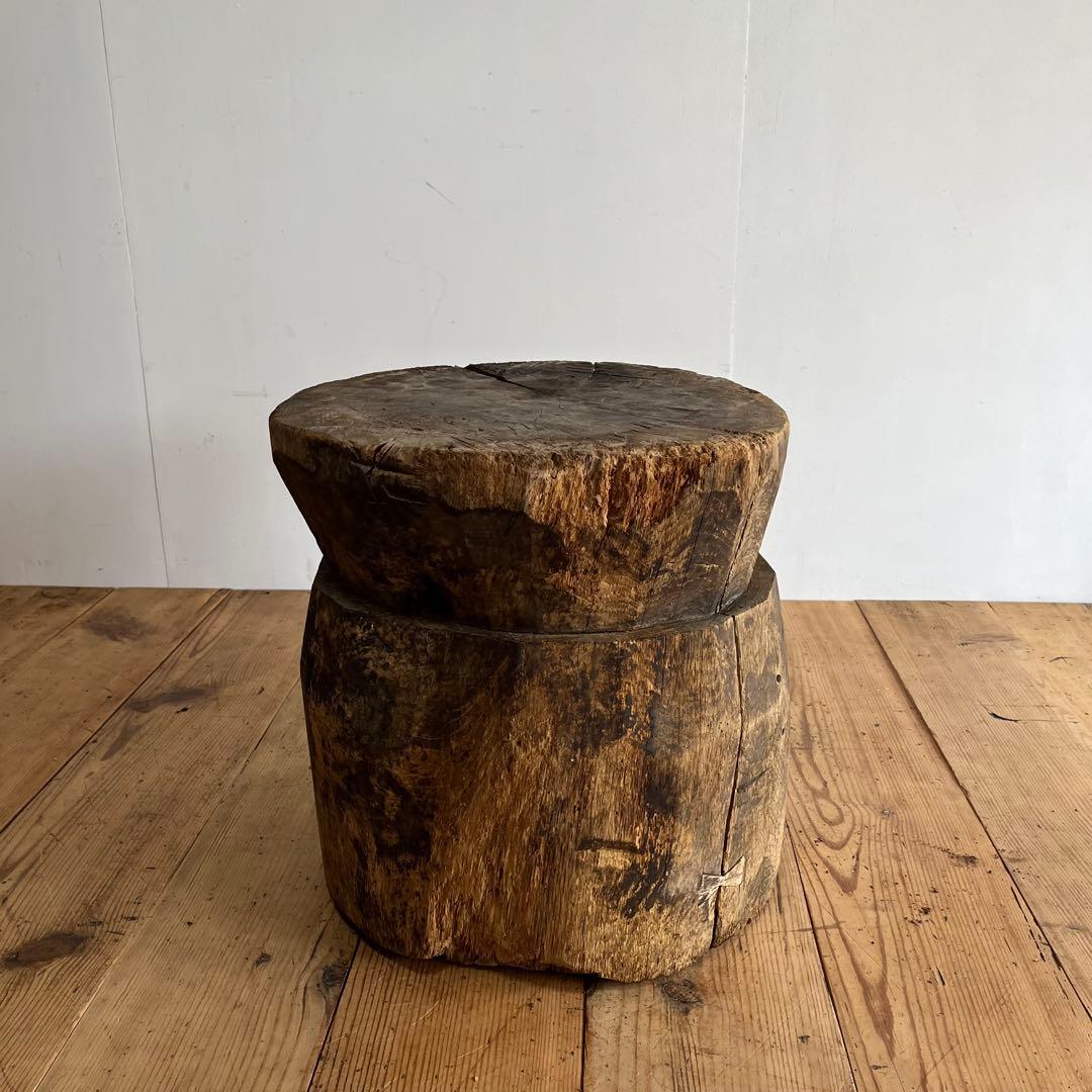 アンティーク ローテーブル 椅子 欅 臼 プリミティブ 無塗装 送料込