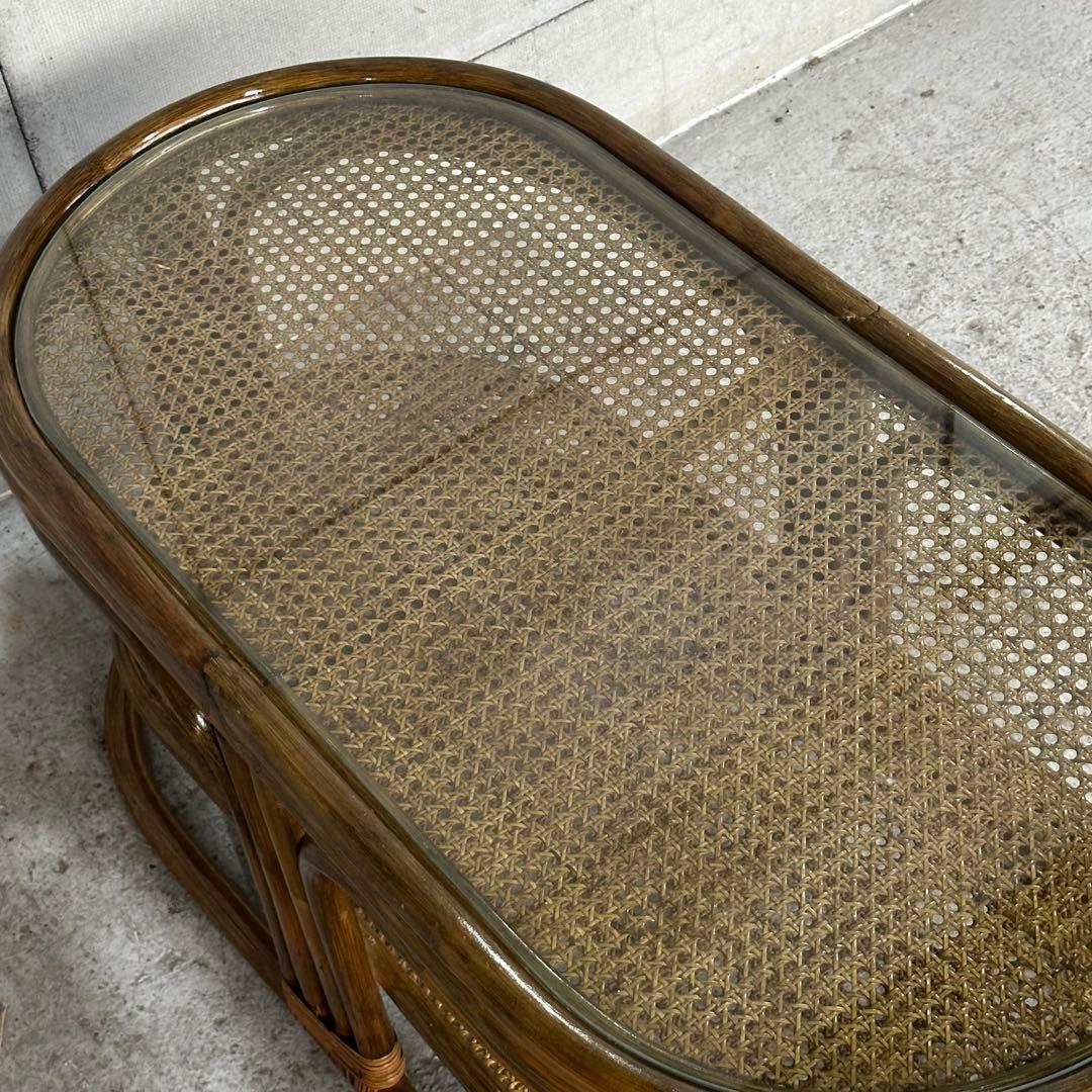 ✿昭和レトロ✿ 藤　オールドラタン　ガラストップテーブル　棚付き