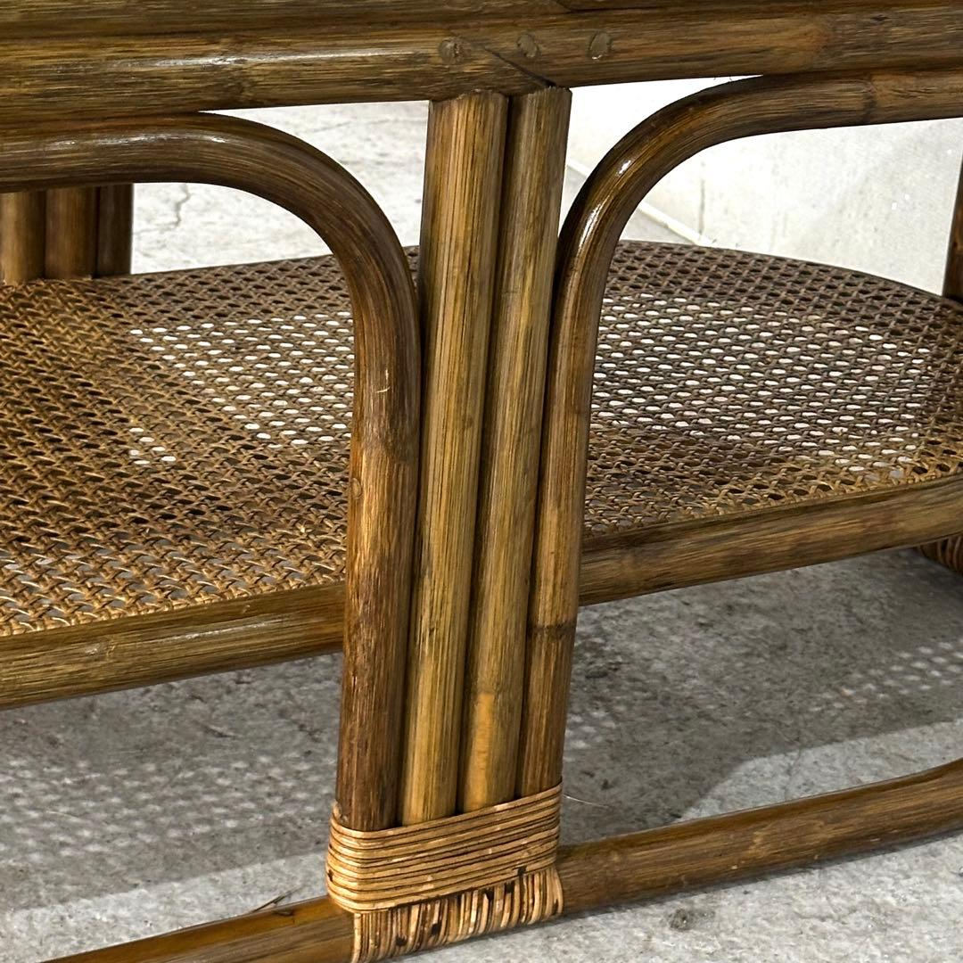 ✿昭和レトロ✿ 藤　オールドラタン　ガラストップテーブル　棚付き