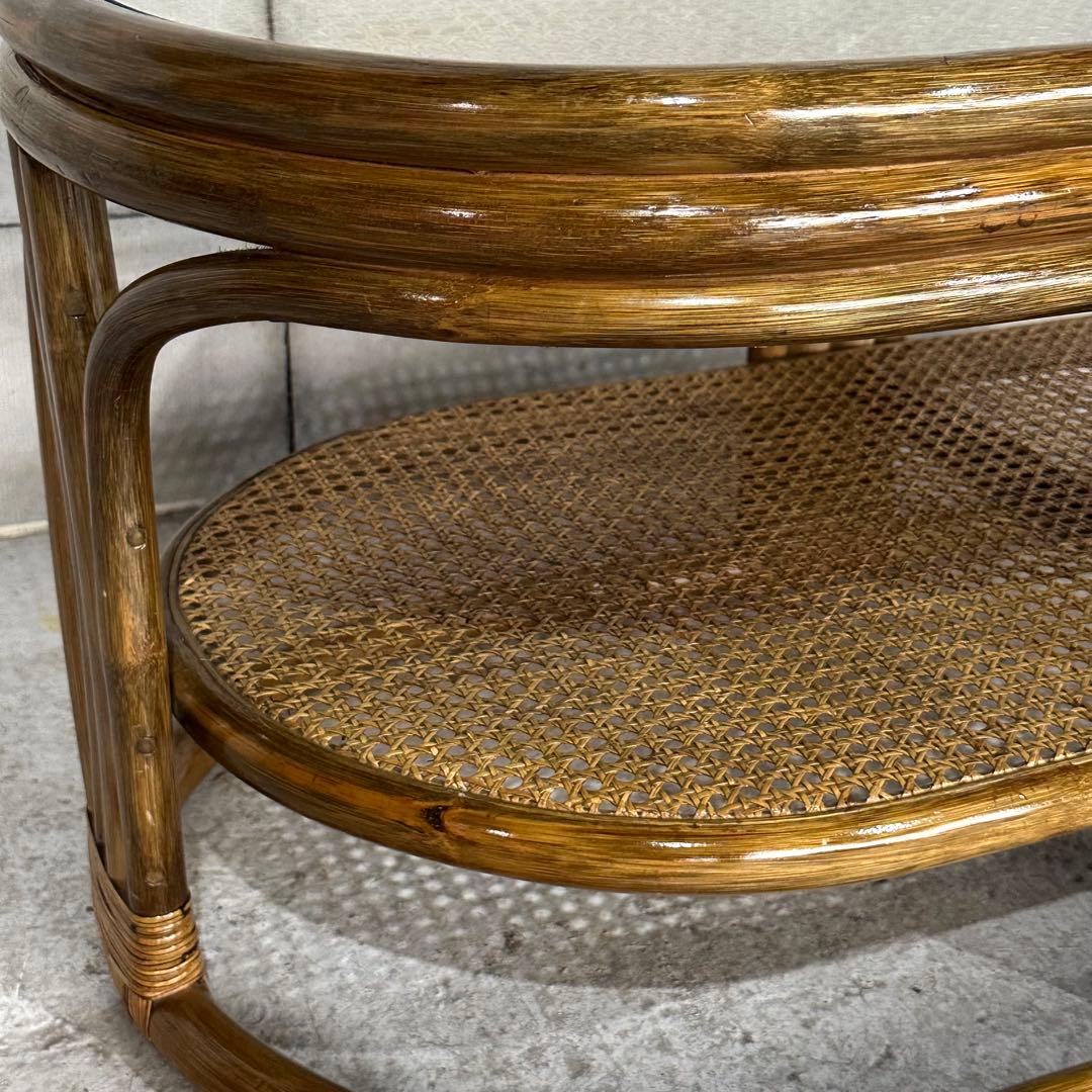 ✿昭和レトロ✿ 藤　オールドラタン　ガラストップテーブル　棚付き