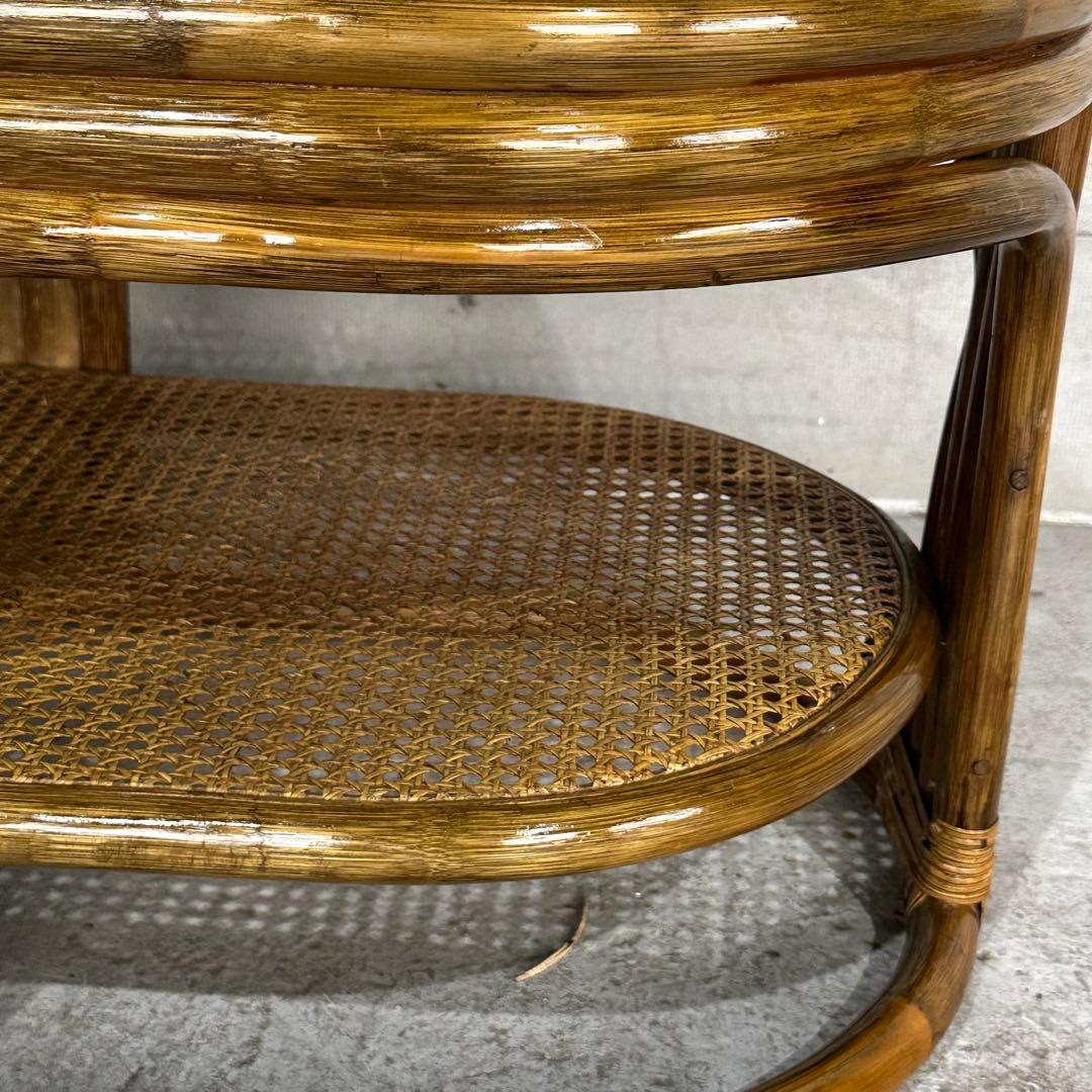 ✿昭和レトロ✿ 藤　オールドラタン　ガラストップテーブル　棚付き