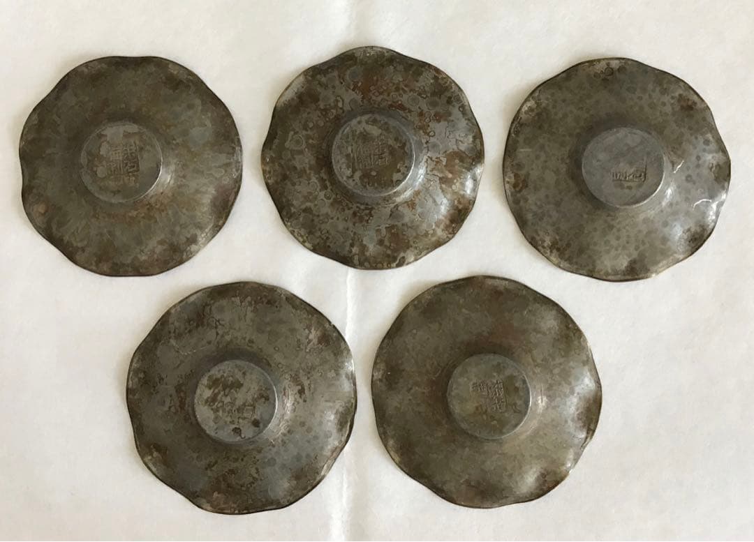 茶道具　純銀茶托大10枚　一鳳斎造と錫製(推定)茶托小5枚　共箱　S1012CT