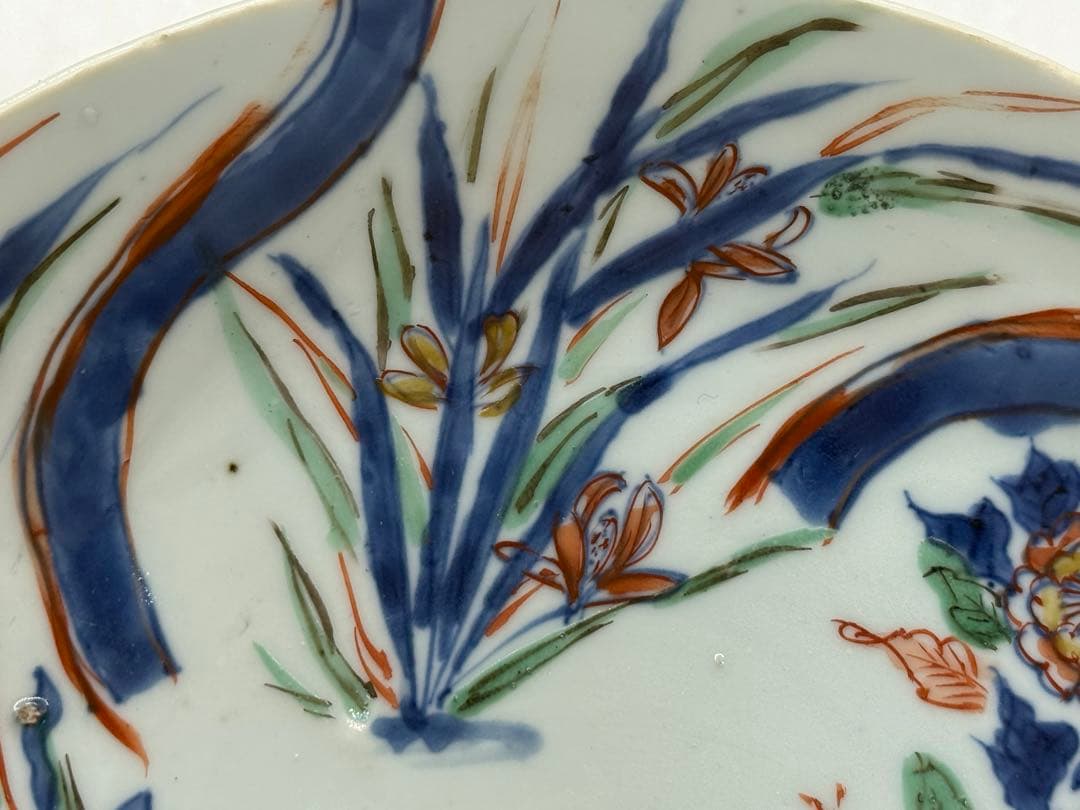 中国　明時代　南京赤絵草花捻文皿　青華五彩　共箱　アンティーク　送料込み1219