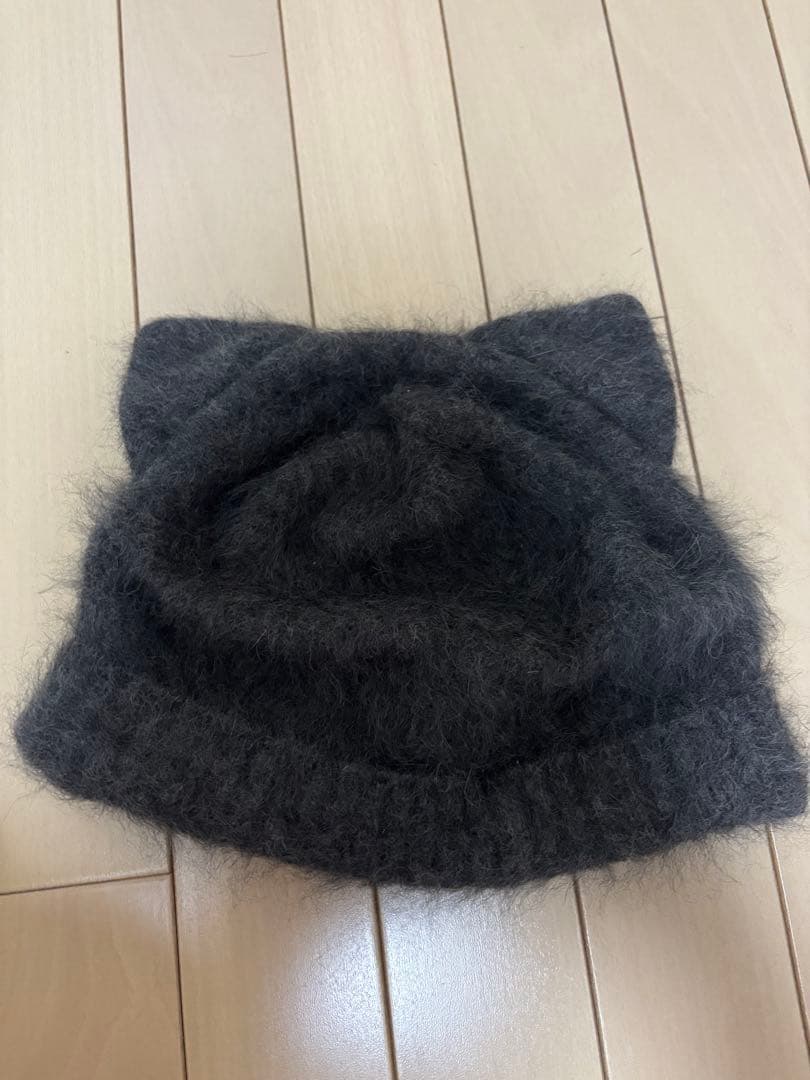 【新品未使用】Dodge ダッチ 猫耳付きダークグレーニット帽 アンゴラ100%