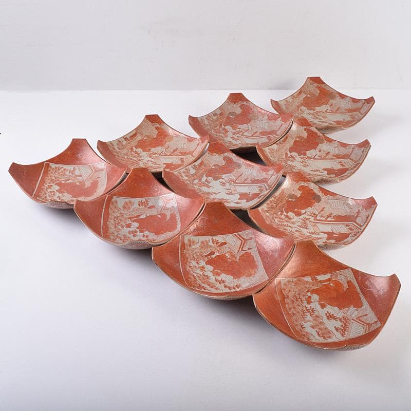 masa　古九谷赤絵銀彩　人物文皿　二種　十客　時代箱付　F　R9004B