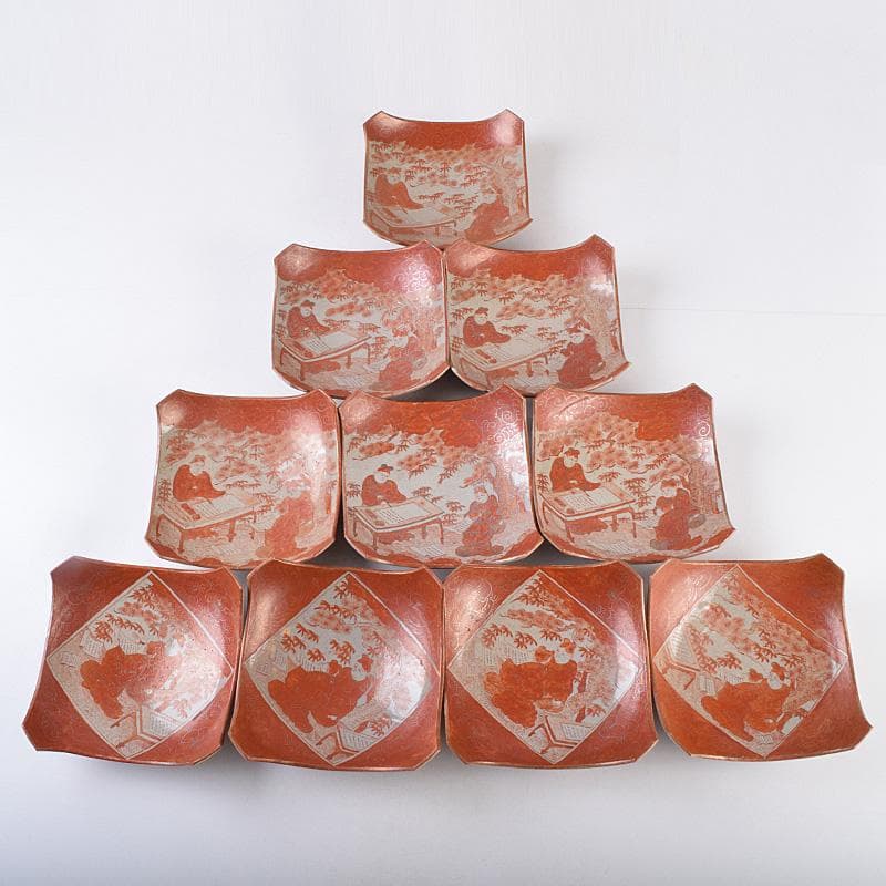 masa　古九谷赤絵銀彩　人物文皿　二種　十客　時代箱付　F　R9004B