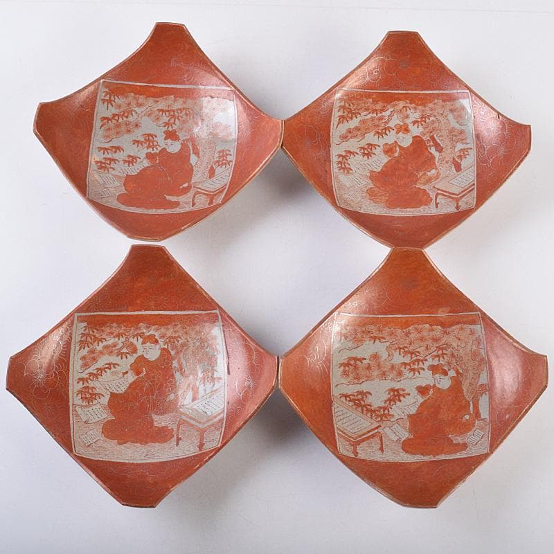 masa　古九谷赤絵銀彩　人物文皿　二種　十客　時代箱付　F　R9004B