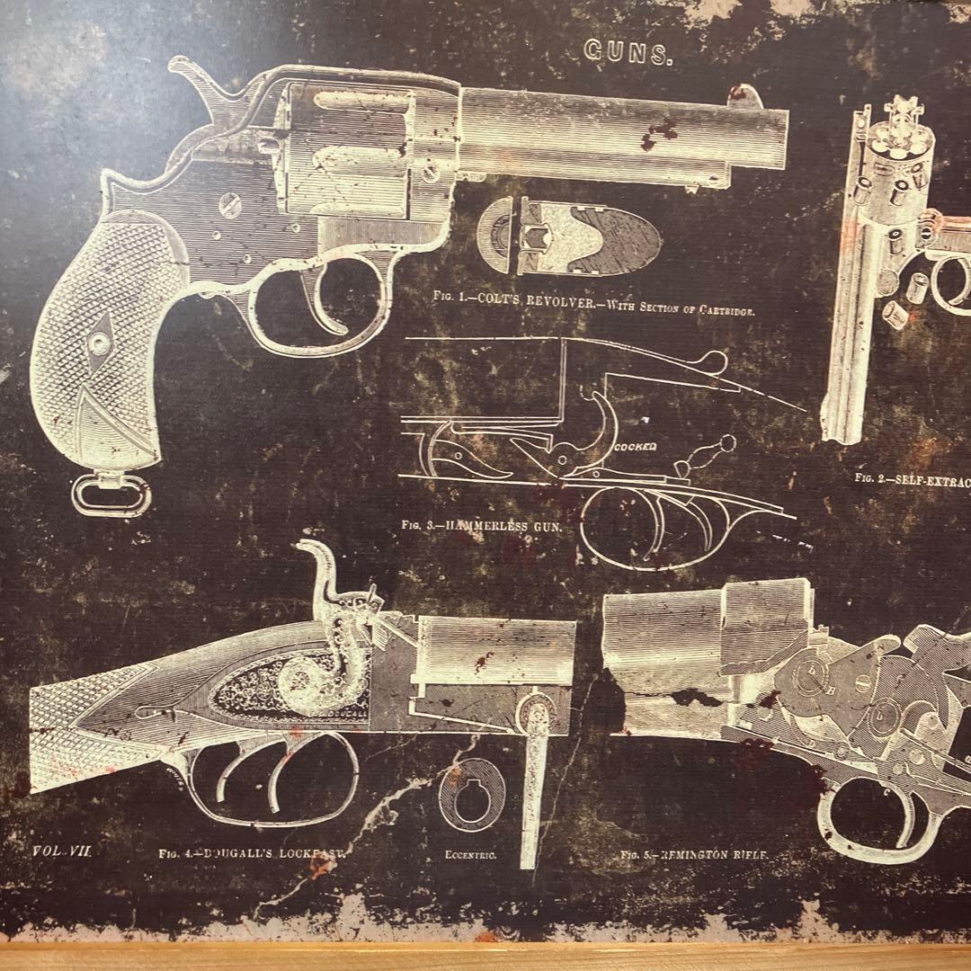 特大　ビンテージ銃器図面アートプリント木製額縁
