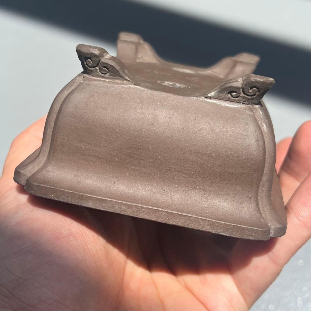 536.幸乐 紫泥隅角雲足長方 盆栽鉢 植木鉢 11.1*9.3*4.6cm