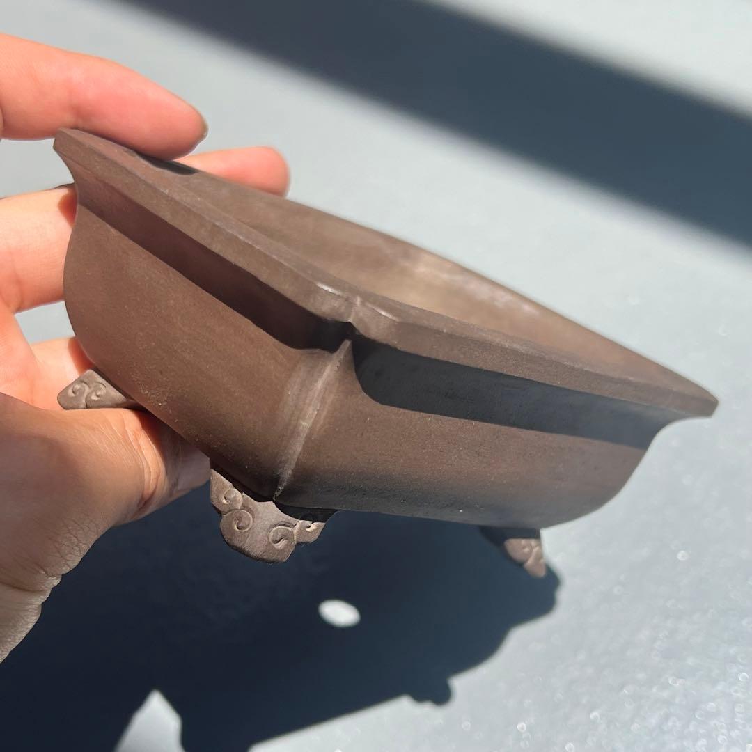 536.幸乐 紫泥隅角雲足長方 盆栽鉢 植木鉢 11.1*9.3*4.6cm