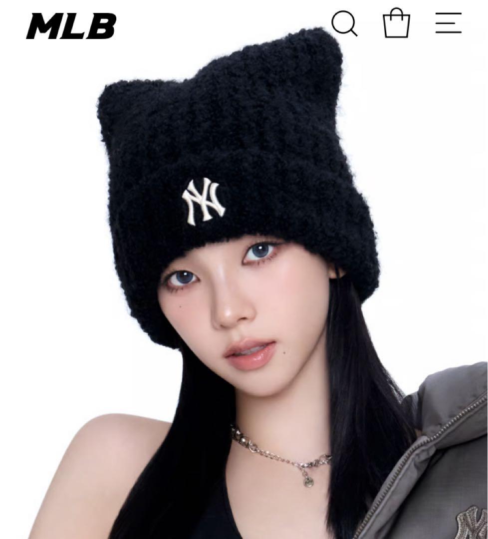 ★新品★ MLB 韓国限定 ビーニー 猫耳 ブラック　ニット帽　カリナ着用