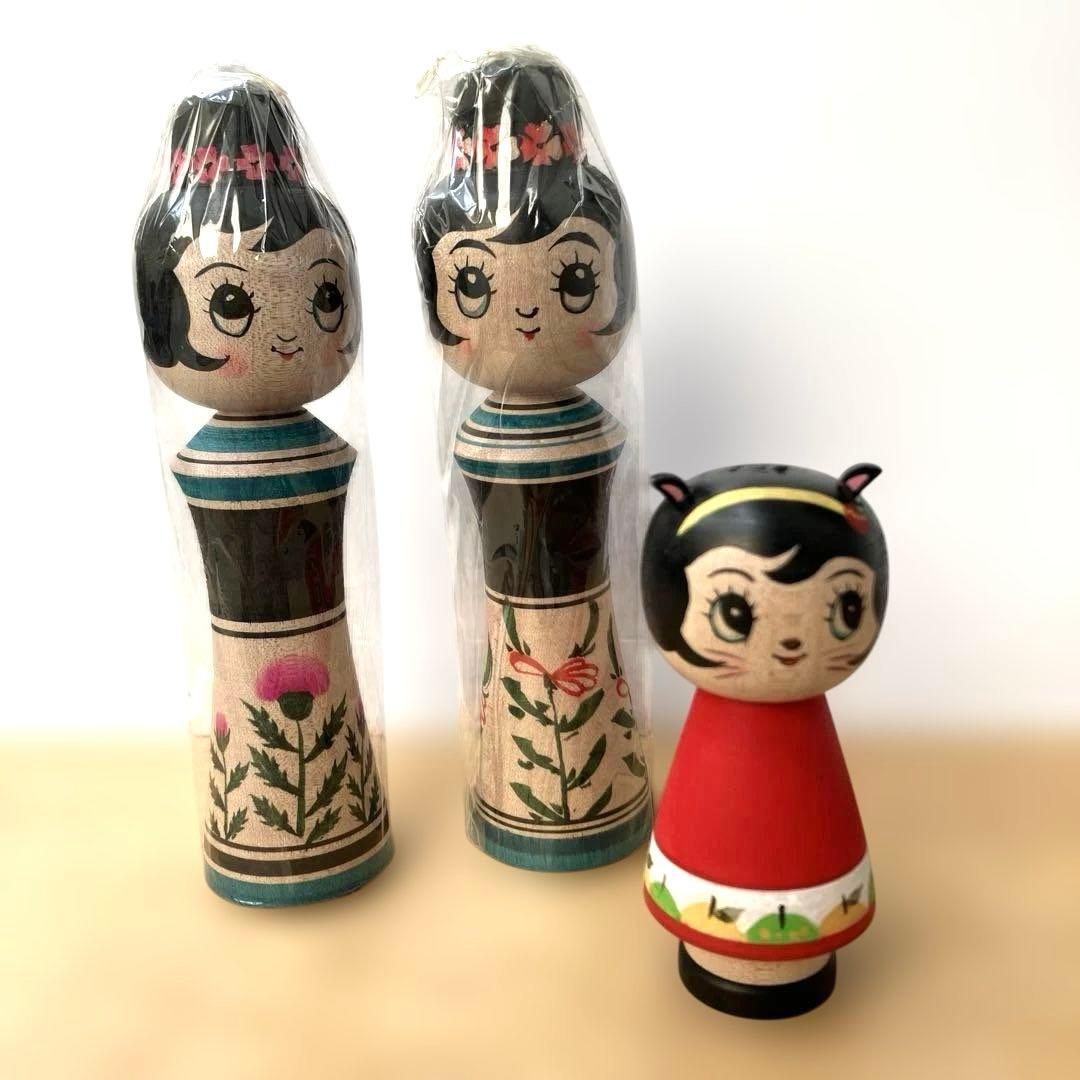 こけし　北山盛治　裕美　親子こけし　猫耳リンゴ　林檎こけし　3体セット　北山裕美