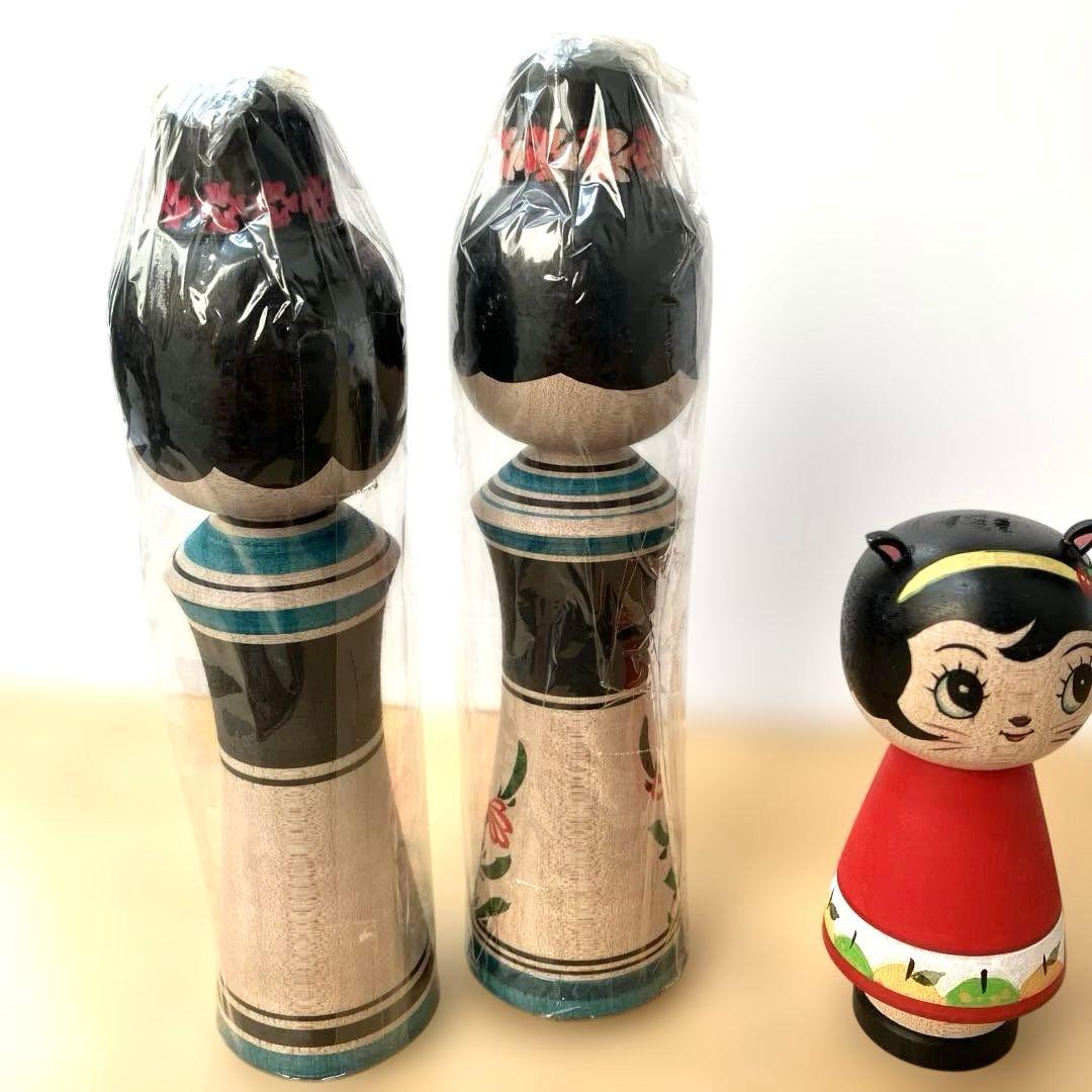 こけし　北山盛治　裕美　親子こけし　猫耳リンゴ　林檎こけし　3体セット　北山裕美