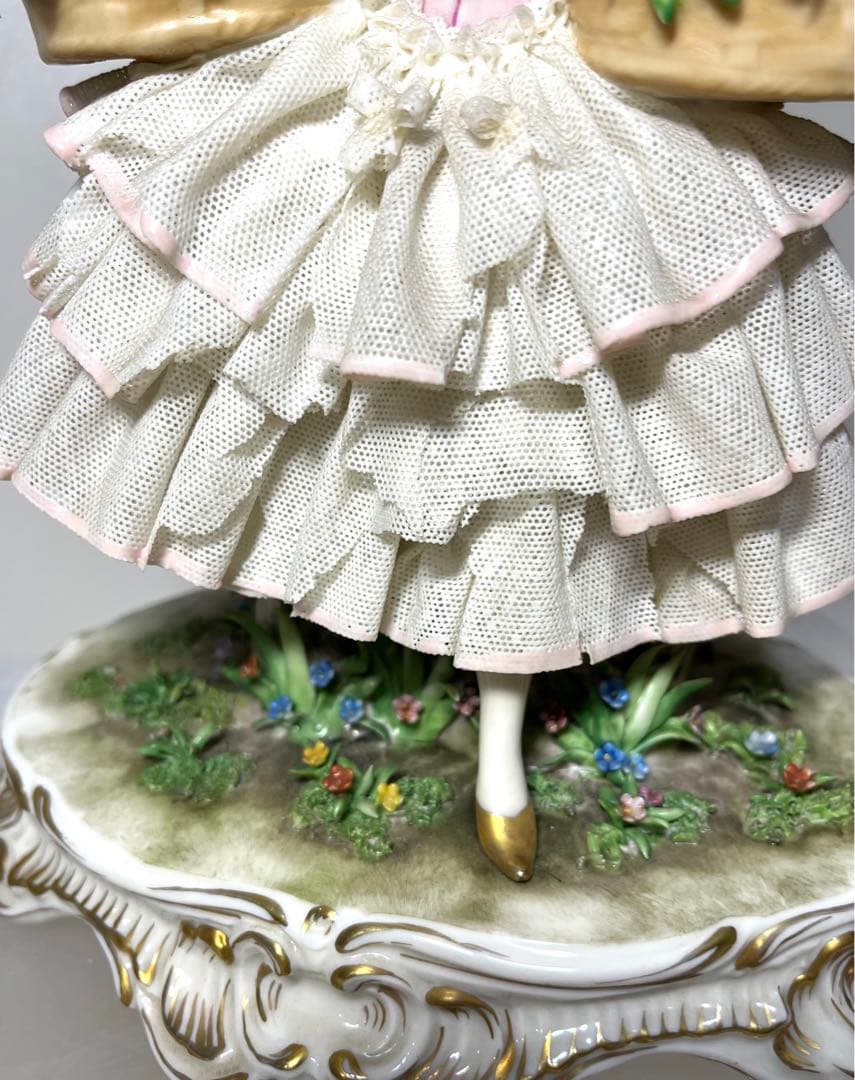 ルイージファブリス☆陶磁器レース人形 花籠を抱える貴婦人 イタリア製