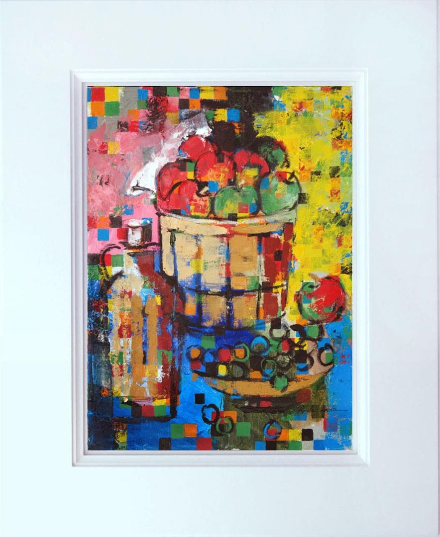 油絵 菅家令子絵 絵画インテリア額付(青緑＋金色の枠)uF6-063704果物瓶