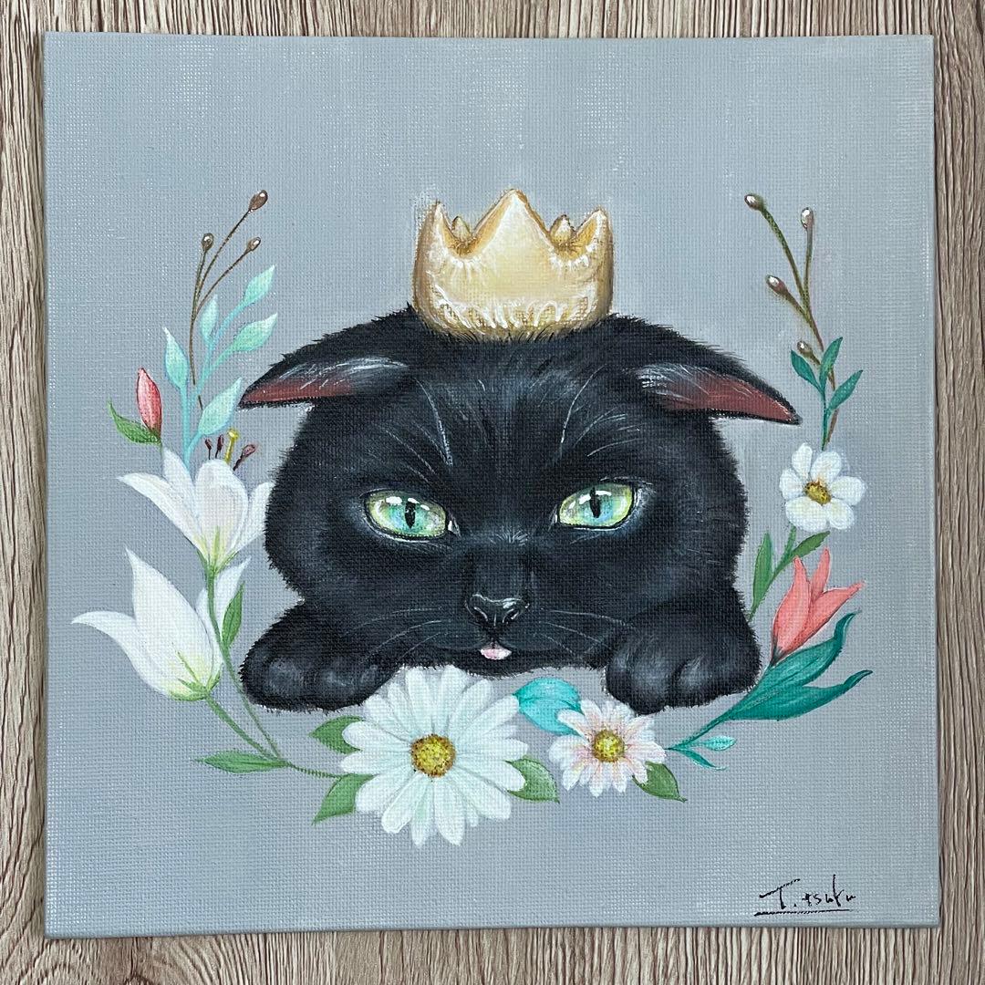 黒猫　愛猫の誕生日　アクリル画　開運絵画