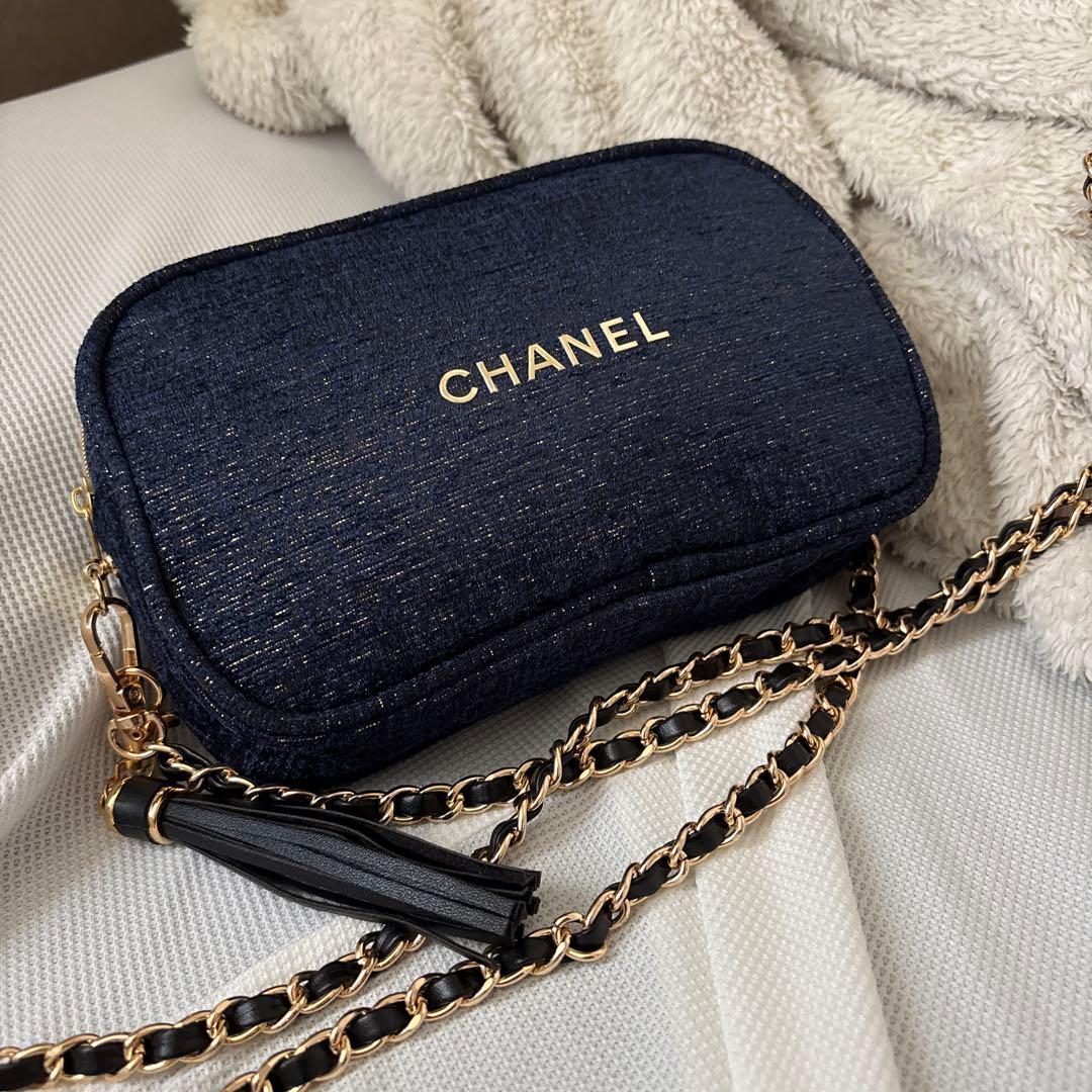 美品 シャネル ポーチ ノベルティ ネイビー×ツイードゴールド チェーン付き