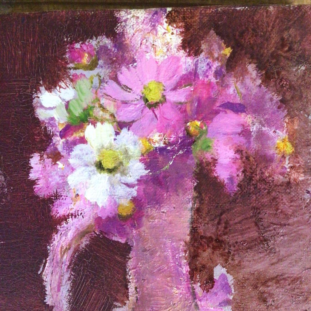 No4033 額装　中島絹子「コスモス」　油彩画　SM号　裏書有　箱付　送料無料