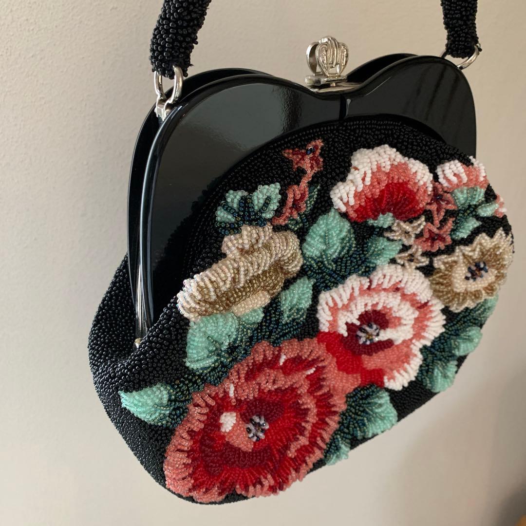 花柄　総ビーズ　ハンドバッグ　ビーズバッグ　和装　パーティ　昭和レトロ