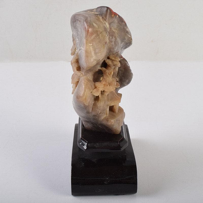 中国　玉石鶏血石彫刻　楼閣山水雕　置物　唐木台付　V　R9267