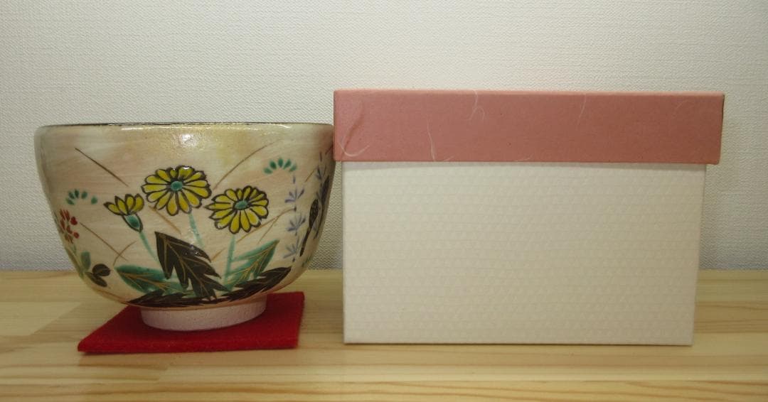 送料込【逢絢亭・新品】茶道具 茶碗 京焼 刷毛目 春野の図 中村与平 紙箱入り
