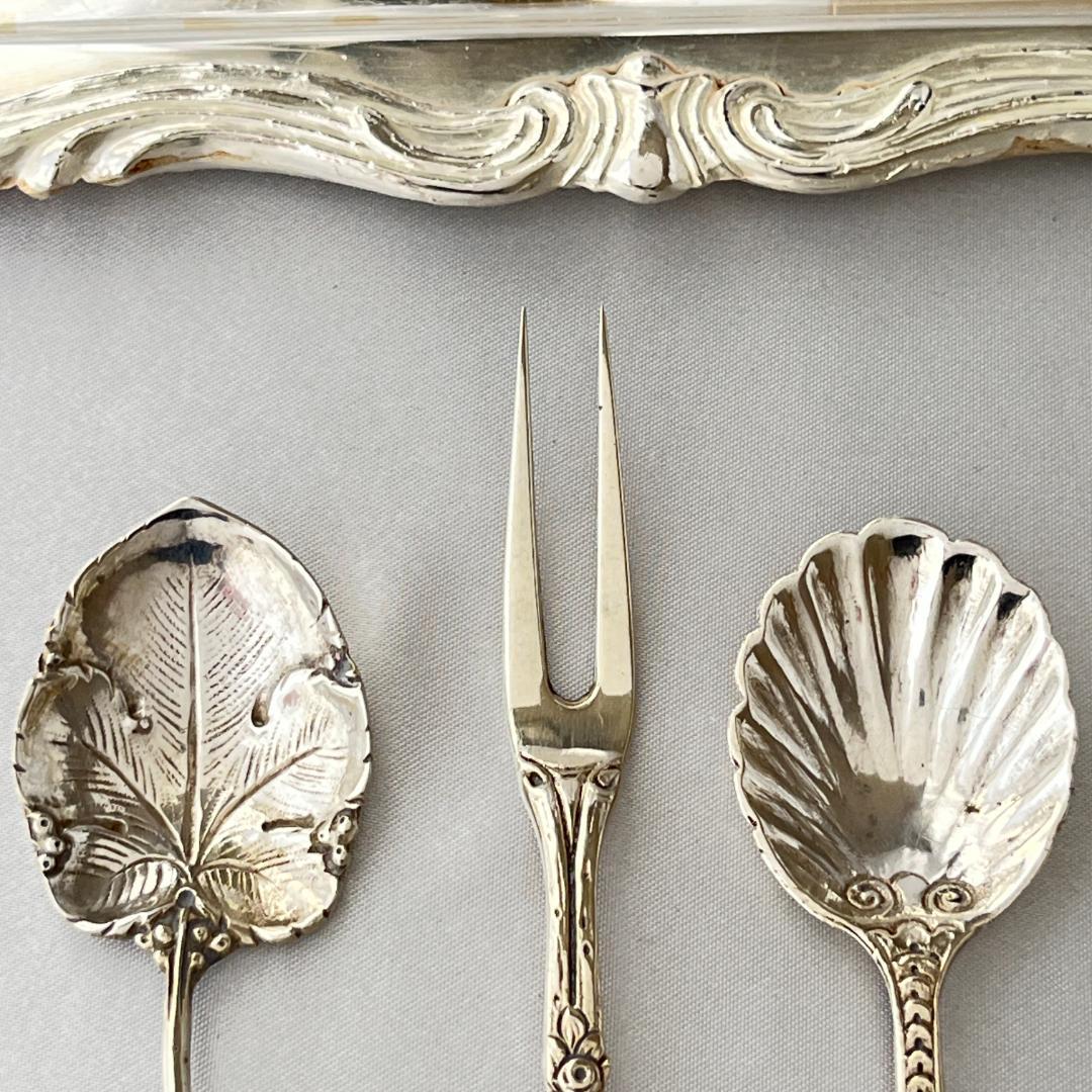 【ドイツ】シュガースプーン 2本 / オードブルピック【純銀】薔薇の蕾　葡萄