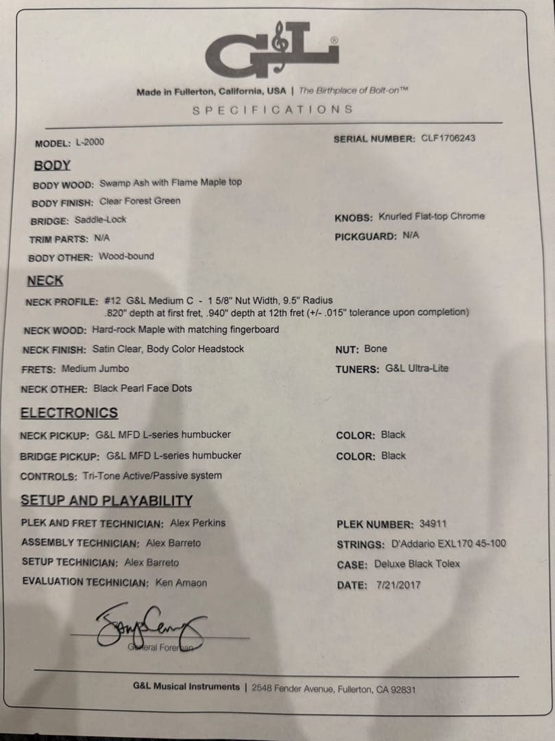 【月末まで値下】G&L USA Fullerton custom L-2000