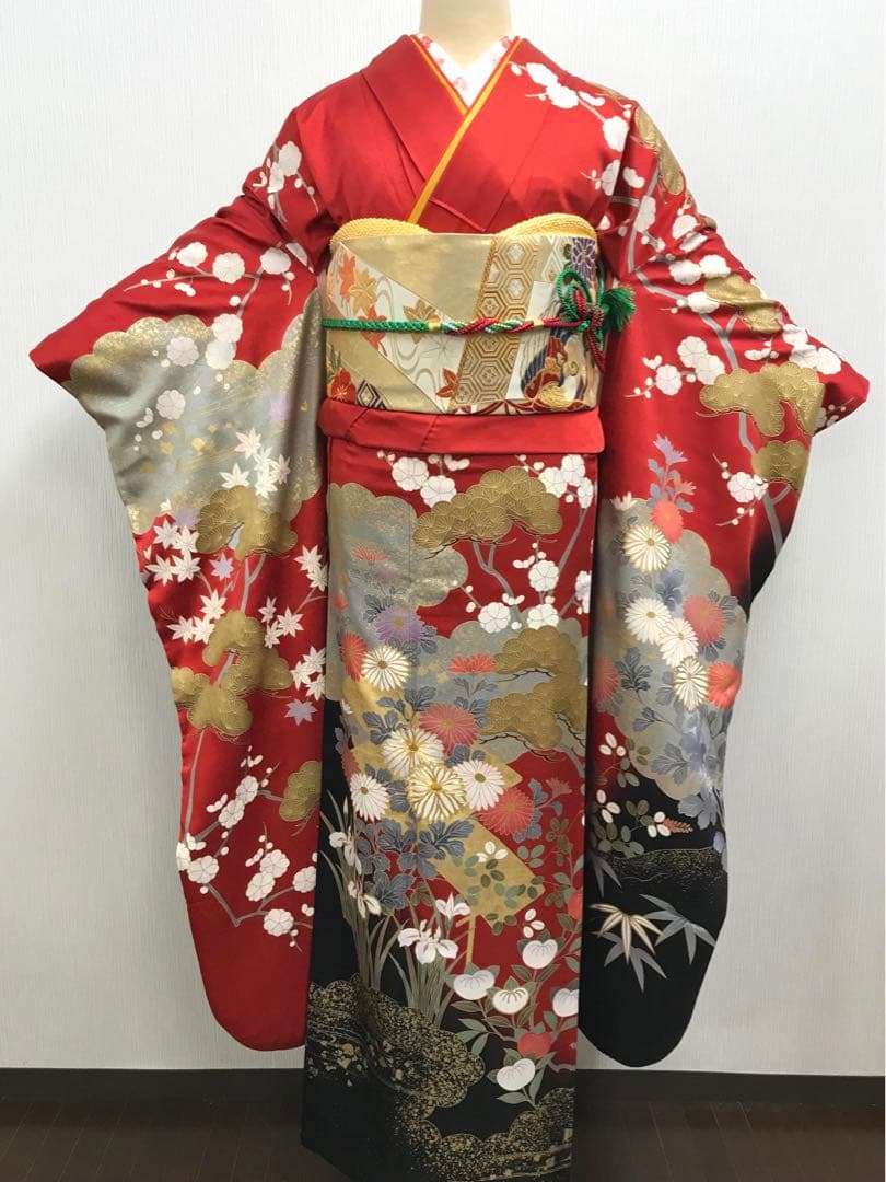 梅乃【135】正絹　振袖　フルセット　赤　大人　成人式　セット