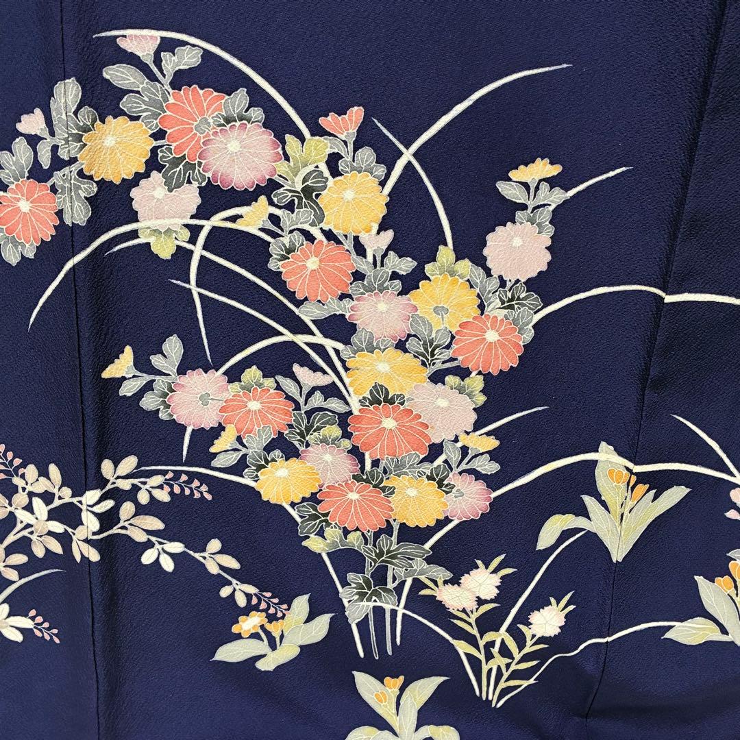 D76 訪問着 手描き花模様 丹後ちりめん 正絹 着物 袷 極美品