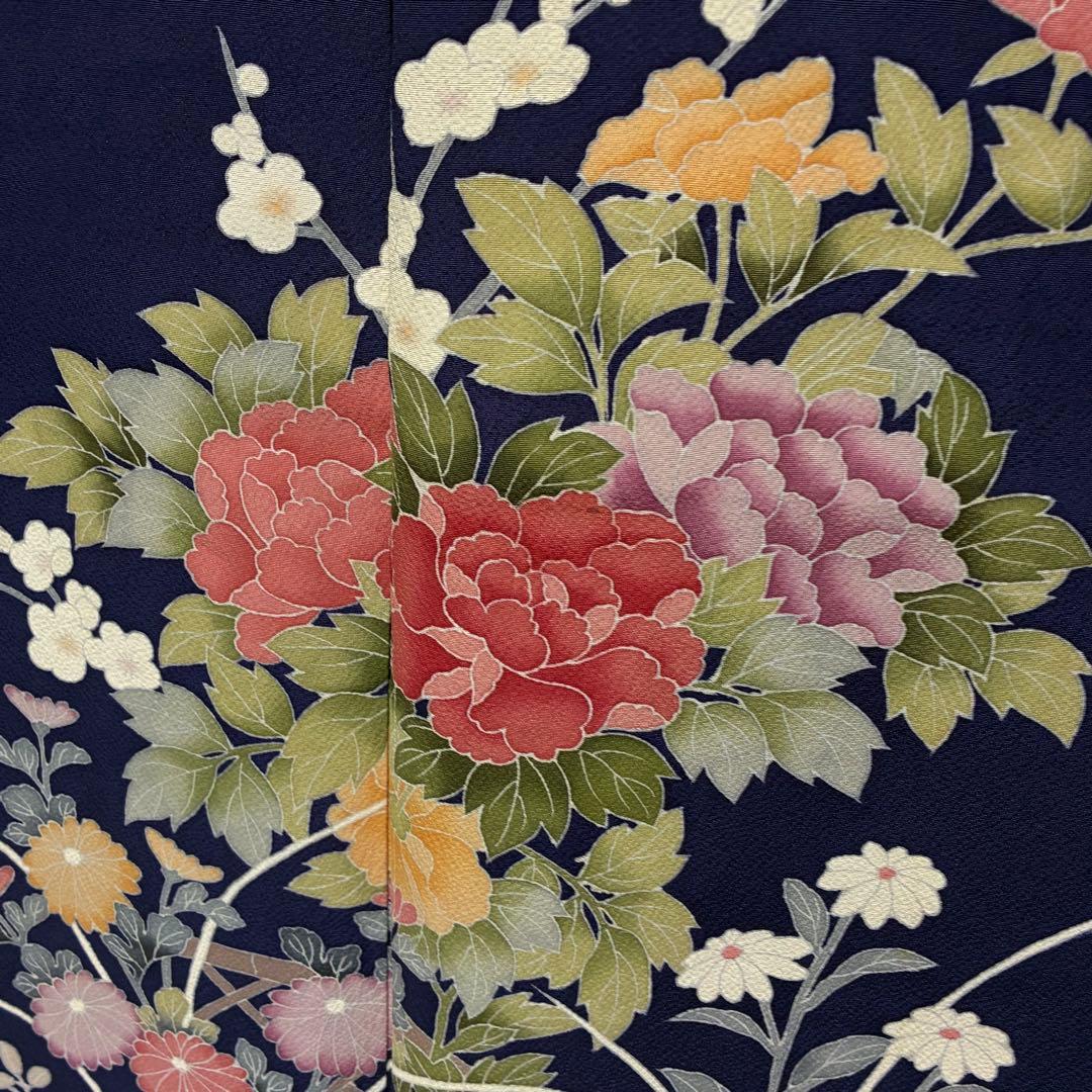 D76 訪問着 手描き花模様 丹後ちりめん 正絹 着物 袷 極美品