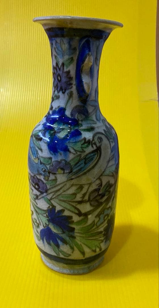 ペルシャ イラン アンティーク 手描き花瓶 青と緑の花模様