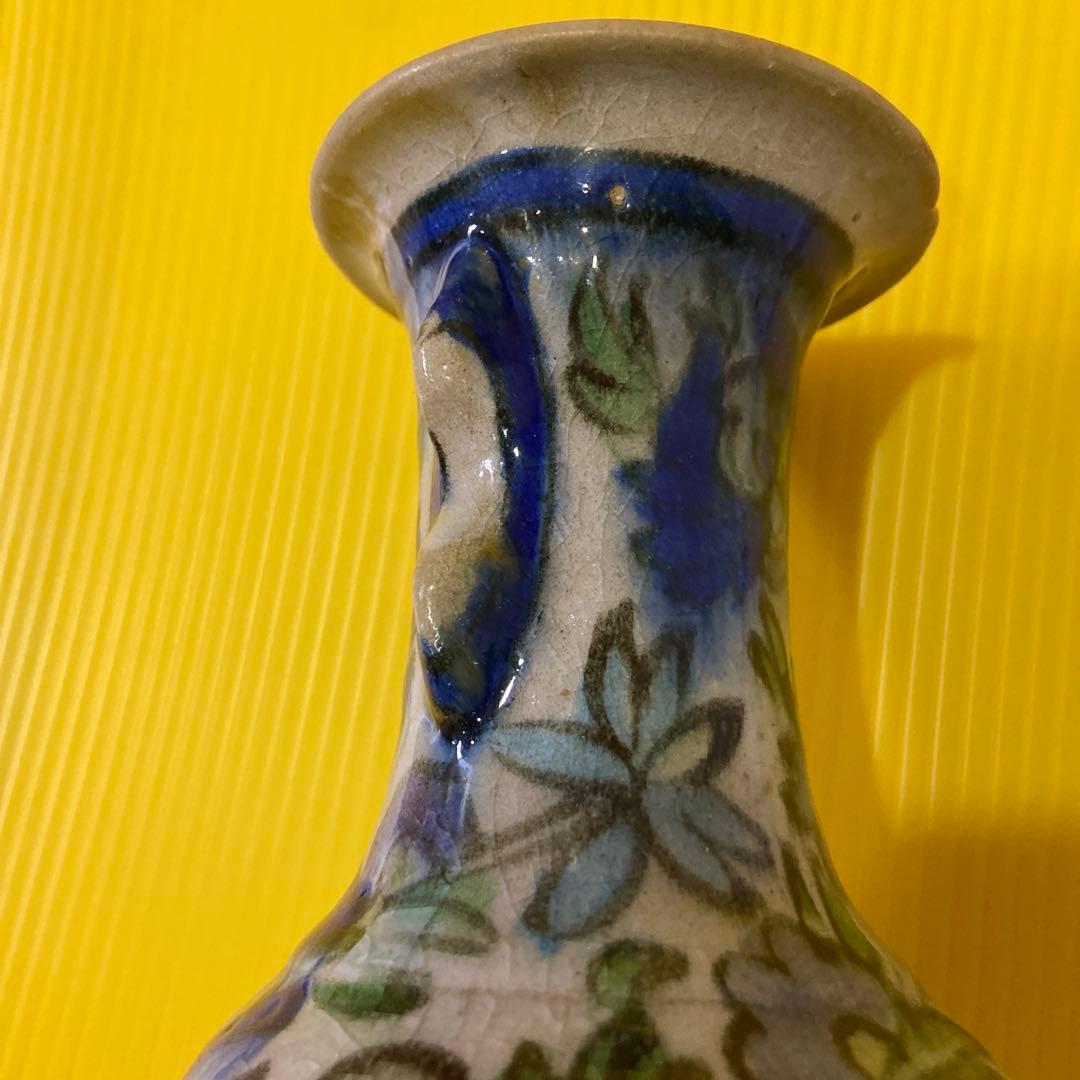 ペルシャ イラン アンティーク 手描き花瓶 青と緑の花模様