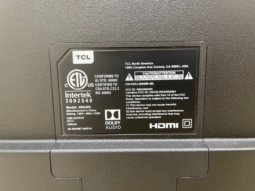 TCL US購入 49型 TV テレビ モニター 送料込み ヤマト梱包発送