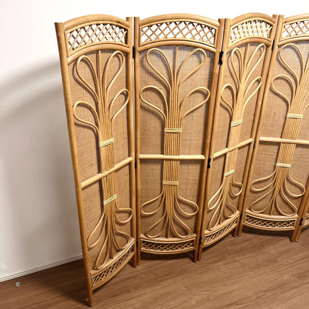 籐家具 ラタン 5連 パーテーション ブラインド 間仕切り 衝立 昭和レトロ