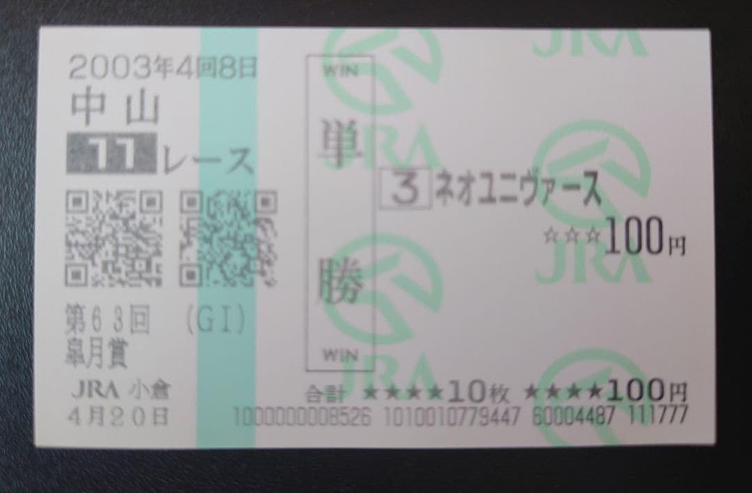 『ネオユニヴァース』単勝馬券（Ｇ１出走レース６枚セット）