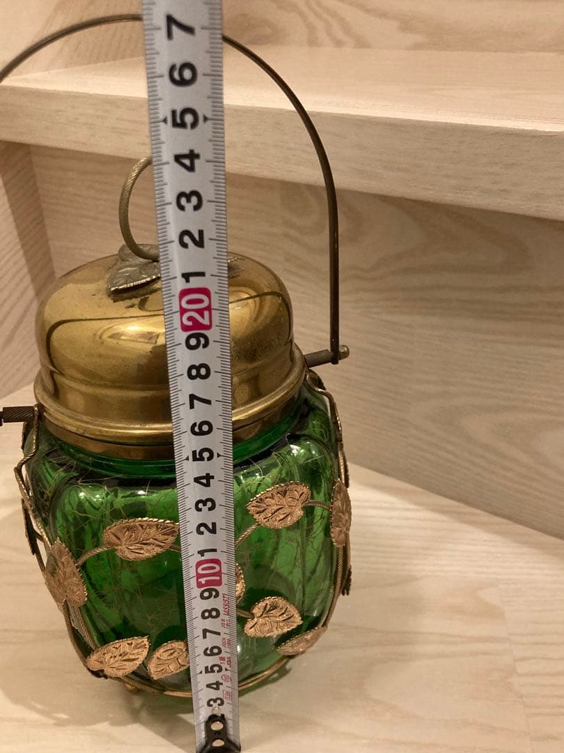 希少　ガラスオルゴール　真鍮キャンディ緑ゴールド　ガラスポット　ビンテージ寺田製