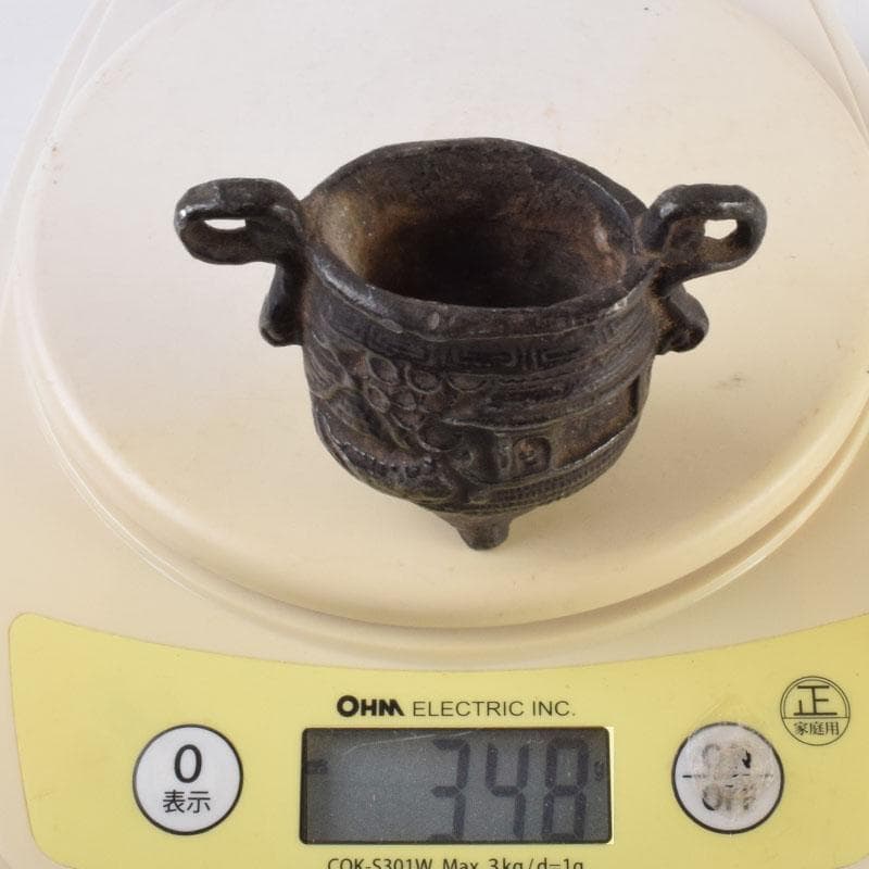 中国　古銅宣徳銅　山水文刻　三足香炉　V　R9217