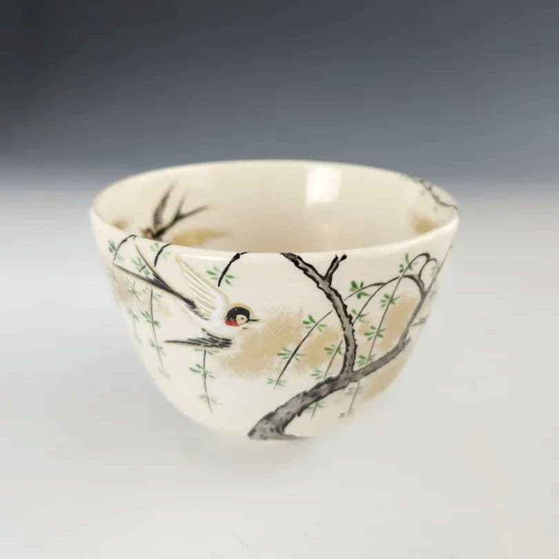 茶碗　抹茶茶碗　阿山作　つばめ　柳　仁清写　柳に燕　京焼　華やか