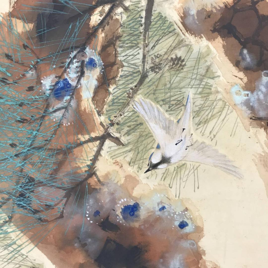 【真作】林文塘/老松群雀図/松図/雀図/掛軸/名家伝来/AC-3