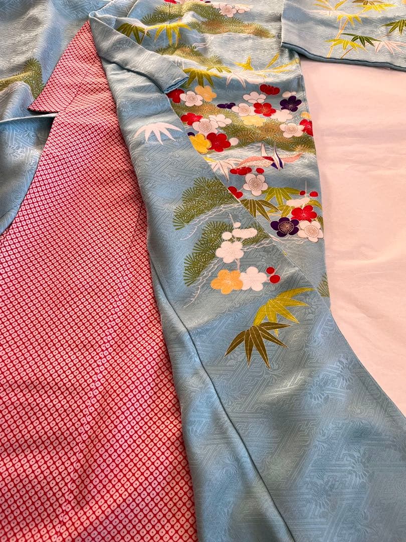 高島屋誂え　千總　四つ身　正絹　子供着物　比翼　刺繍　パールトーン加工　七五三