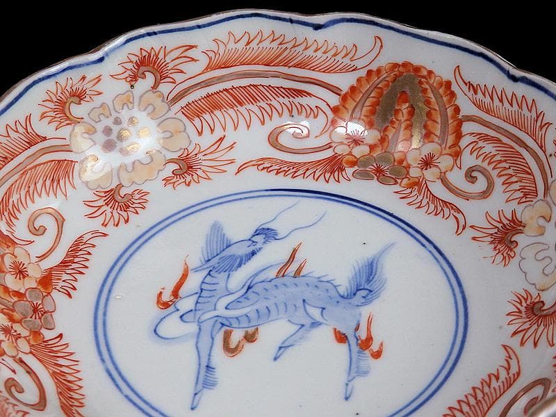 古伊万里　赤絵　草花紋に麒麟の図　膾皿　２客　D119AS-BVx