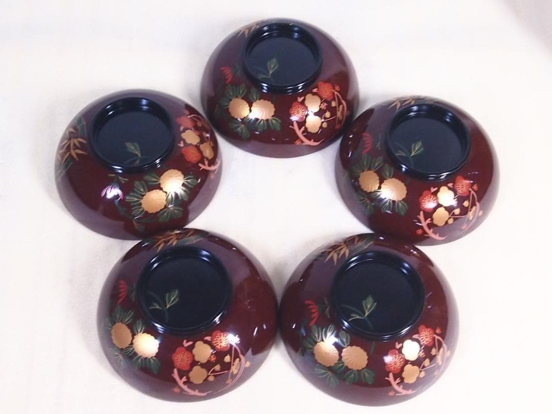 【中古・焼けあり】輪島塗 花の丸四君子蒔絵 雑煮椀5客 煮物椀/丼椀 武田漆器店
