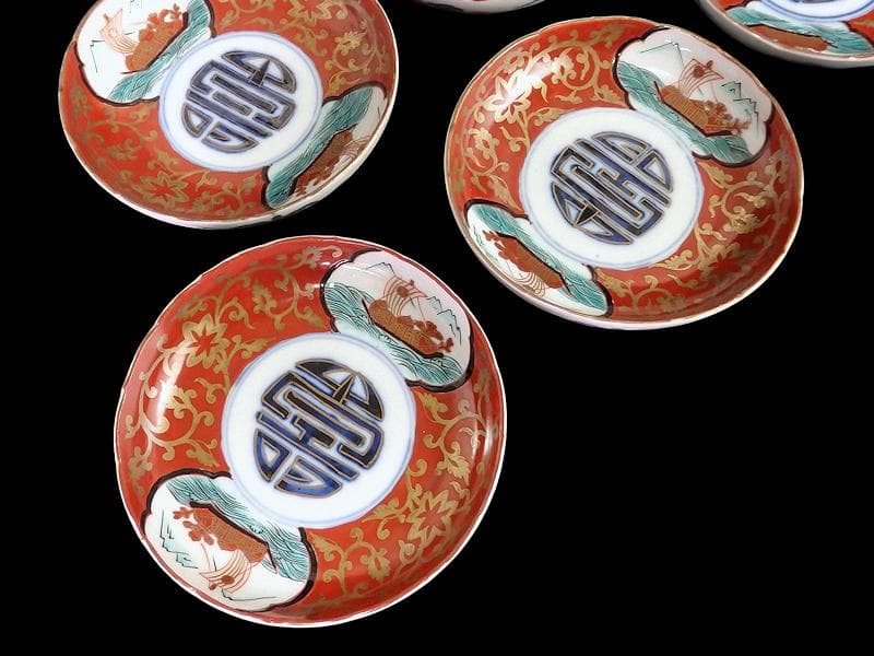 古伊万里　色絵　窓絵　宝船に金唐草の図　４寸皿　５枚　B985AS-CXv