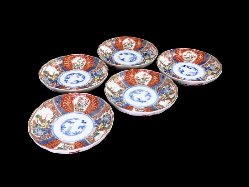 古伊万里　色絵　獅子に牡丹　梅に鶯の図　４寸皿　５枚　C233AS-fbsy