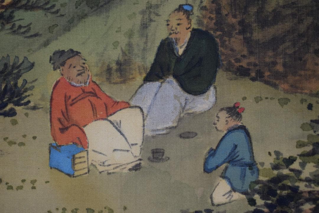 【真作】東伯/青緑山水人物画賛/掛軸☆宝船☆Y-167　JM