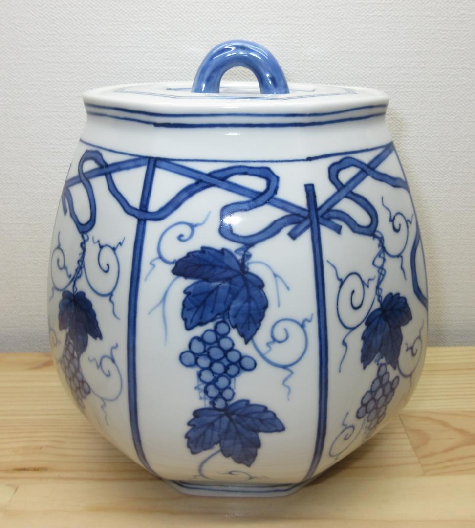送料込【逢絢亭】茶道具 水指 京焼 染付 葡萄棚の図 西村徳泉 共箱入り