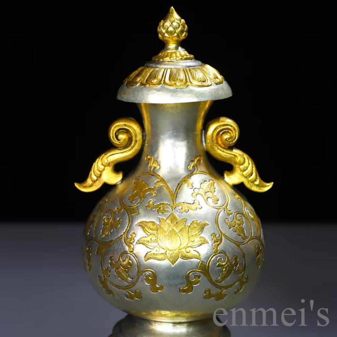 中国古美術 鍍金銅瓶 手彫り 鏨刻 描金 純銅製 花器 床の間飾り古賞物 古擺件