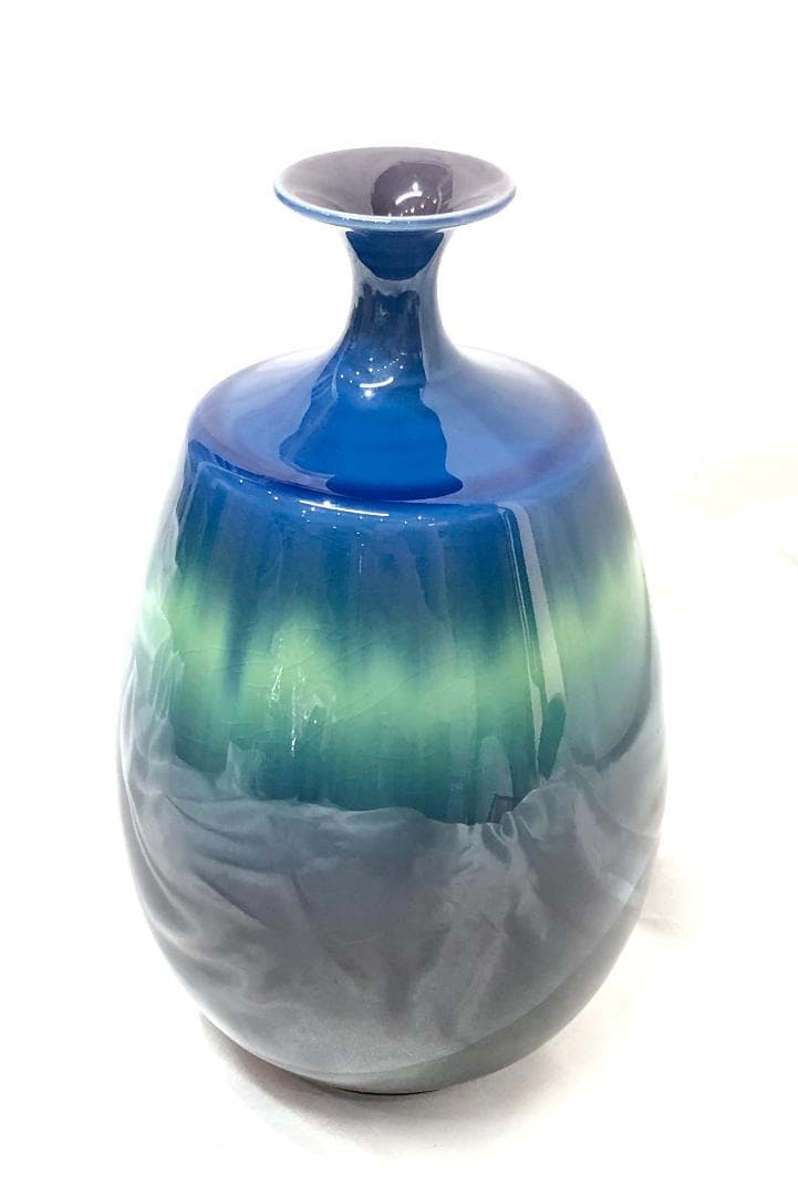 九谷焼 人間国宝 三代 徳田八十吉 壱 正彦 赤銘 碧明耀彩釉 花器 飾壺 共箱